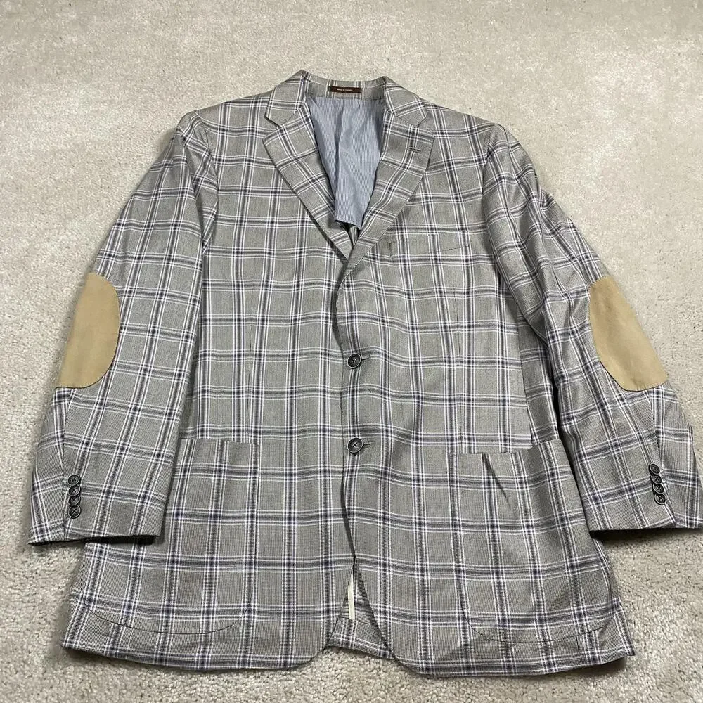 Peter Millar Sport Coat Jacket Mens 42S Gray Silk Wool Plaid Suede Elbow Patches